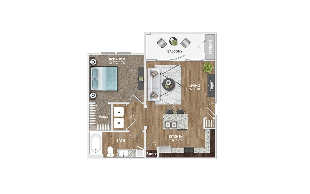 A1 - 1 bedroom floorplan layout with 1 bath and 652 square feet.