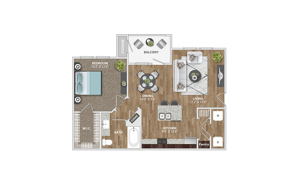 A2 - 1 bedroom floorplan layout with 1 bath and 753 square feet.