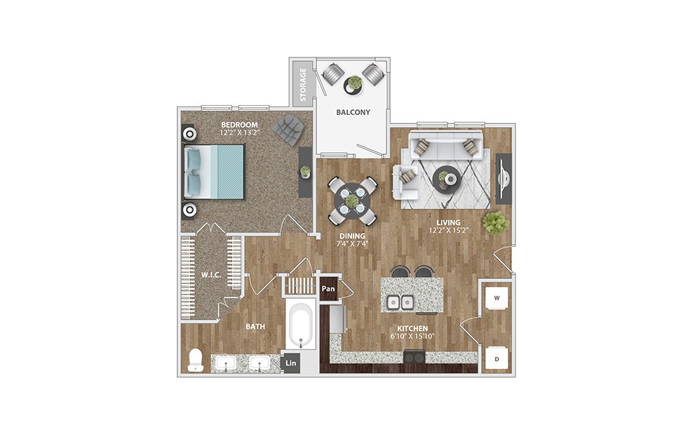 A3 - 1 bedroom floorplan layout with 1 bath and 833 square feet.