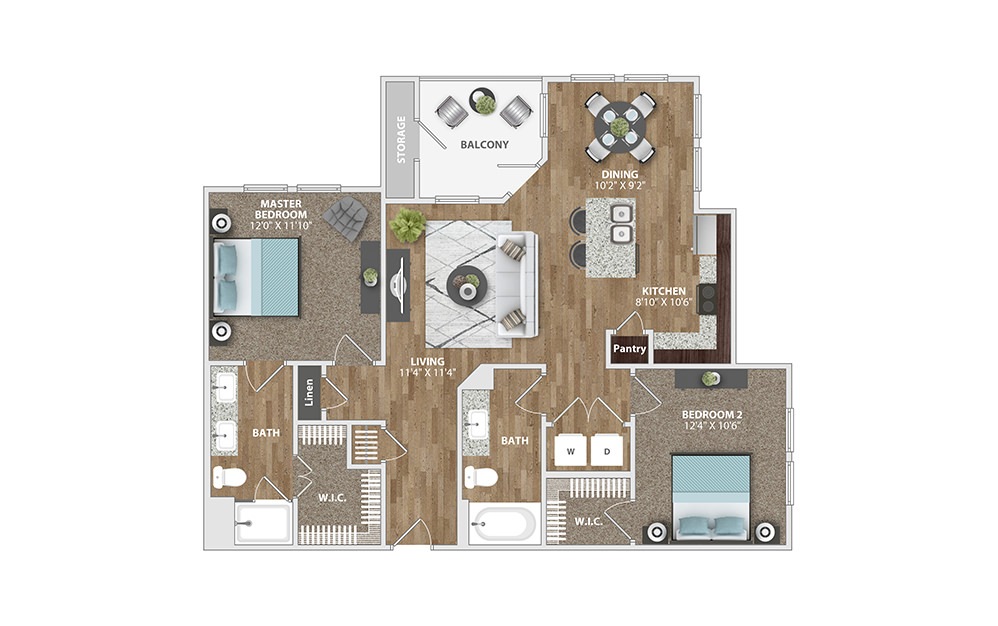 B1 - 2 bedroom floorplan layout with 2 baths and 1026 square feet.