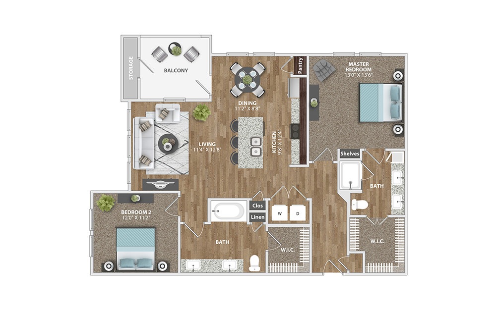 B2 - 2 bedroom floorplan layout with 2 baths and 1170 square feet.