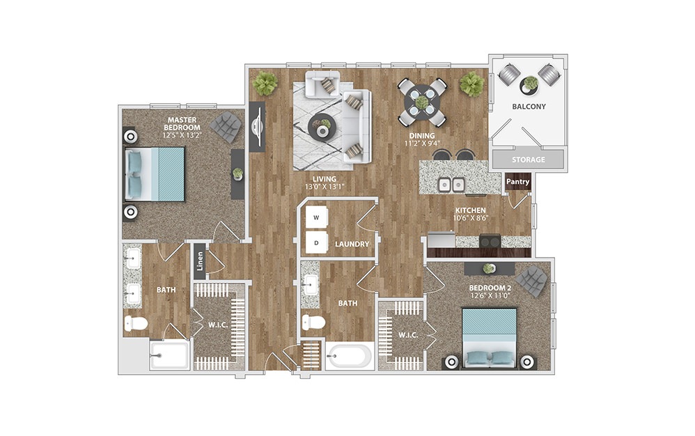 B3 - 2 bedroom floorplan layout with 2 baths and 1232 square feet.